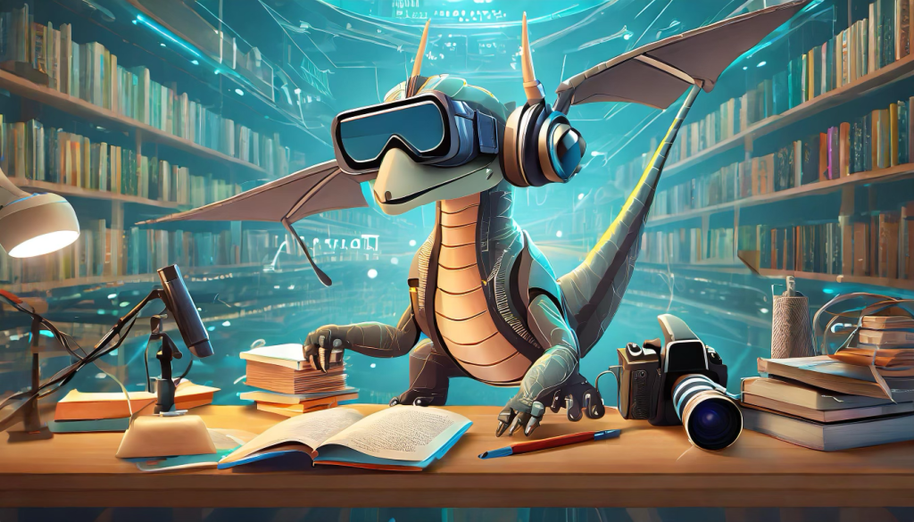 Illustration of pterodactyl wearing VR headset at a desk with books and a camera, surrounded by library shelves.