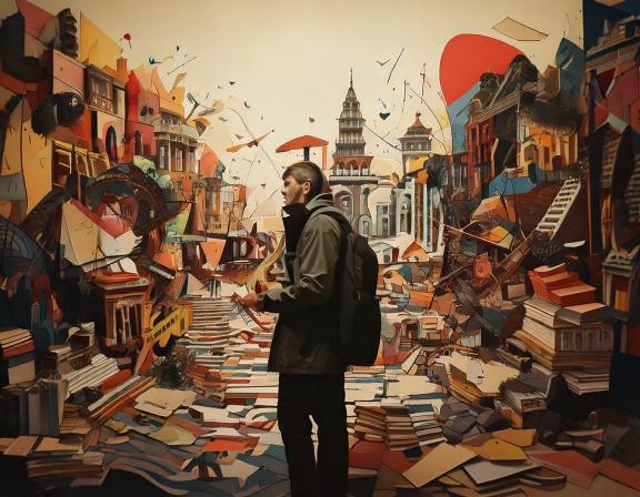 Man surrounded by academic books with building in background