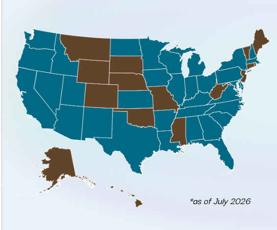 Map of US with participating states in blue, and non participating states in brown.